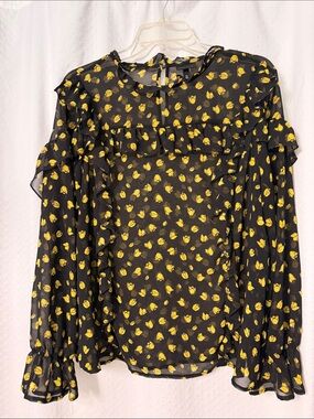 Who What Wear Black Blouse with Yellow Floral Print and Ruffle Trim